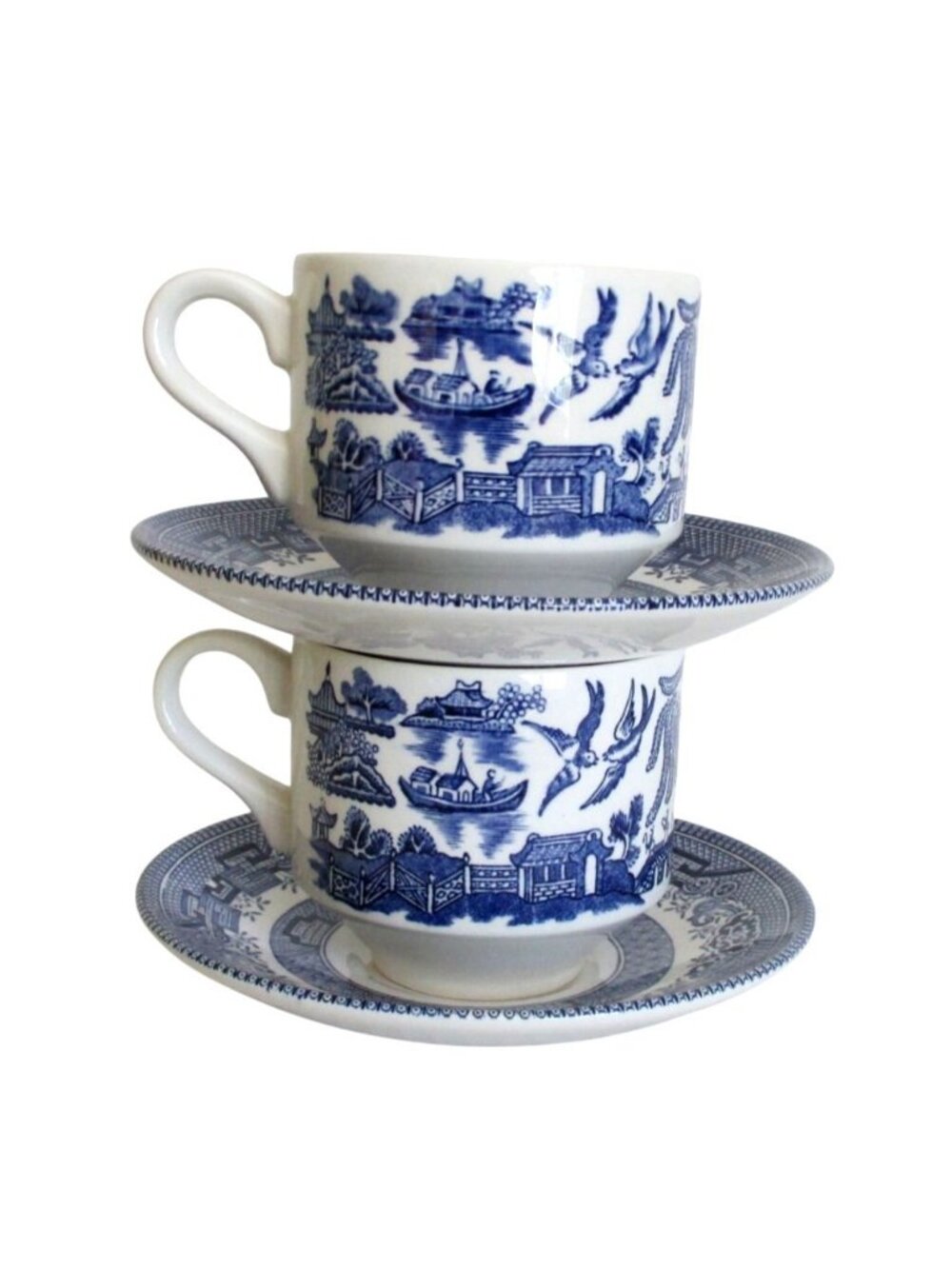 Churchill Blue Willow Cups & Saucers Set Of 2 Made In England Porcelain 6 Oz Cap